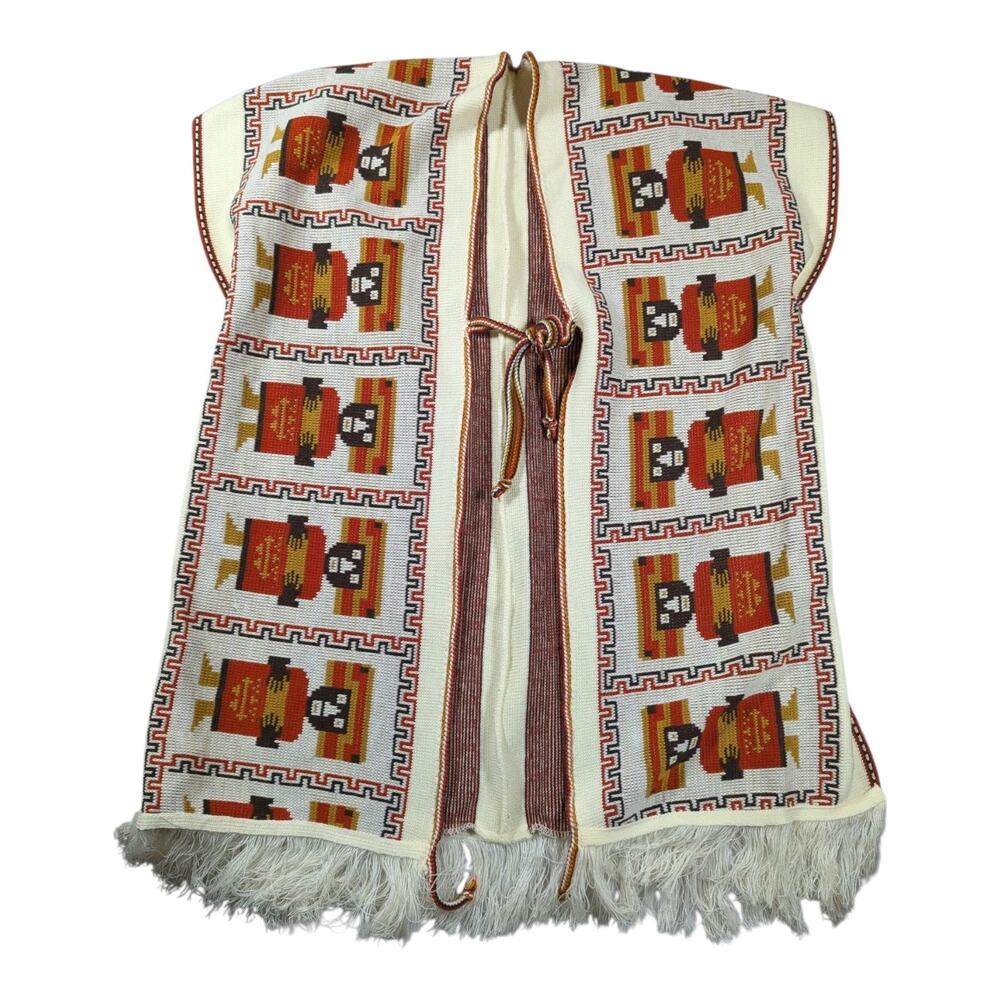 Vtg 1970s Inca Tribal Member Intarsia Knit Wool Tie Front Poncho Ruana OS XL